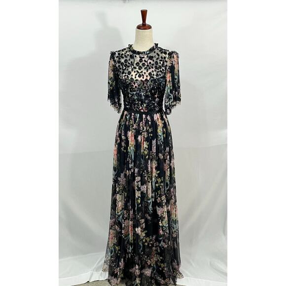 NEEDLE & THREAD Sz 8 UK 4 US Black Floral Beaded Long Maxi Dress Gown NWT - Picture 9 of 15
